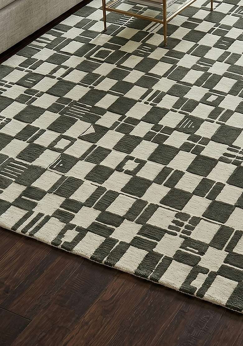 100% Wool Handmade Forest Green Rug | Mid Century Modern Checkered Carpet With Cotton Backing For Living Room - Indya