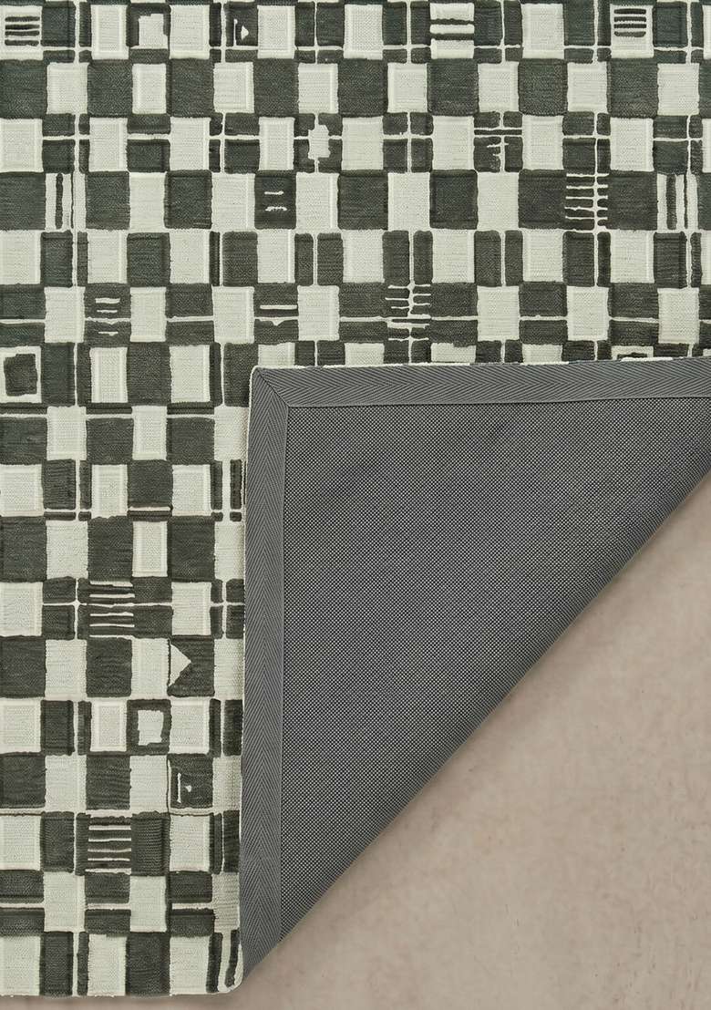 100% Wool Handmade Forest Green Rug | Mid Century Modern Checkered Carpet With Cotton Backing For Living Room - Indya