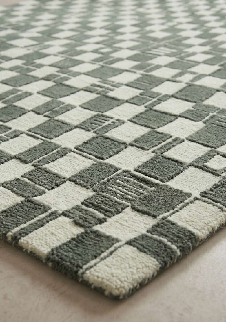 100% Wool Handmade Forest Green Rug | Mid Century Modern Checkered Carpet With Cotton Backing For Living Room - Indya