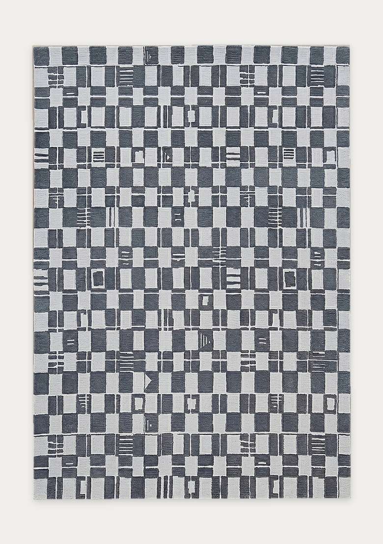 100% Wool Handmade Slate Grey Rug | Mid Century Modern Checkered Carpet With Cotton Backing For Living Room - Indya