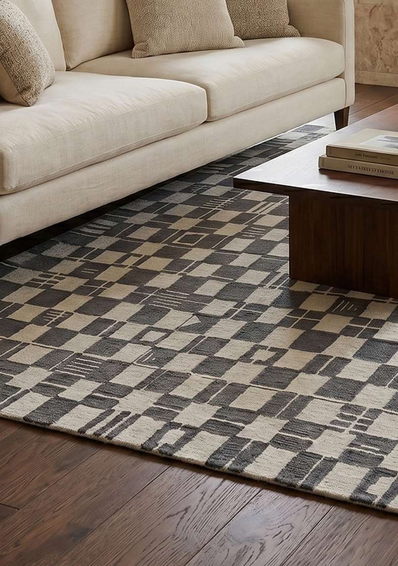 100% Wool Handmade Slate Grey Rug | Mid Century Modern Checkered Carpet With Cotton Backing For Living Room - Indya