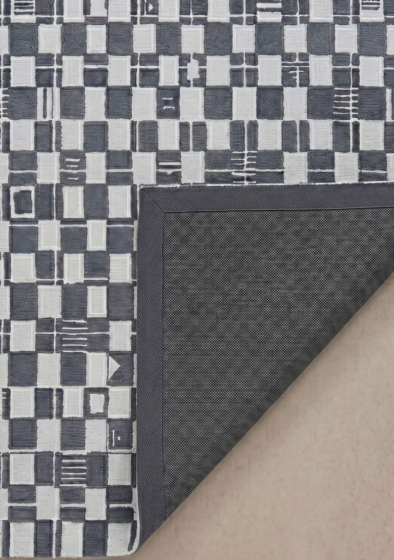 100% Wool Handmade Slate Grey Rug | Mid Century Modern Checkered Carpet With Cotton Backing For Living Room - Indya