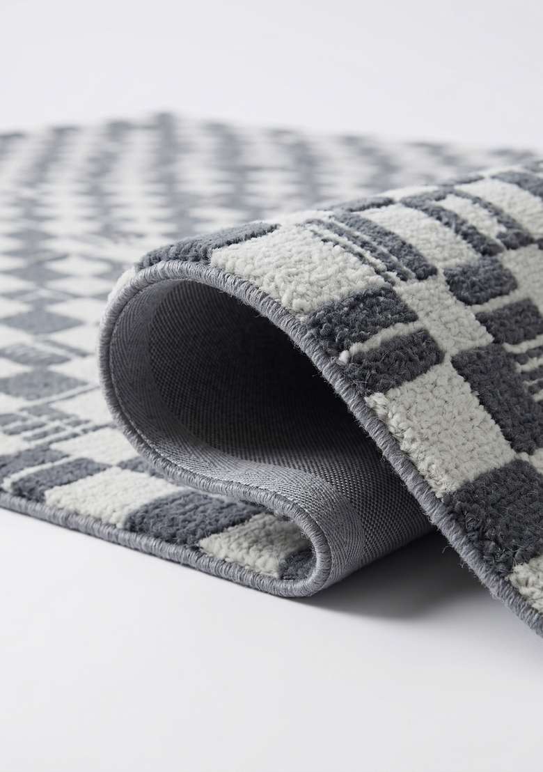 100% Wool Handmade Slate Grey Rug | Mid Century Modern Checkered Carpet With Cotton Backing For Living Room - Indya