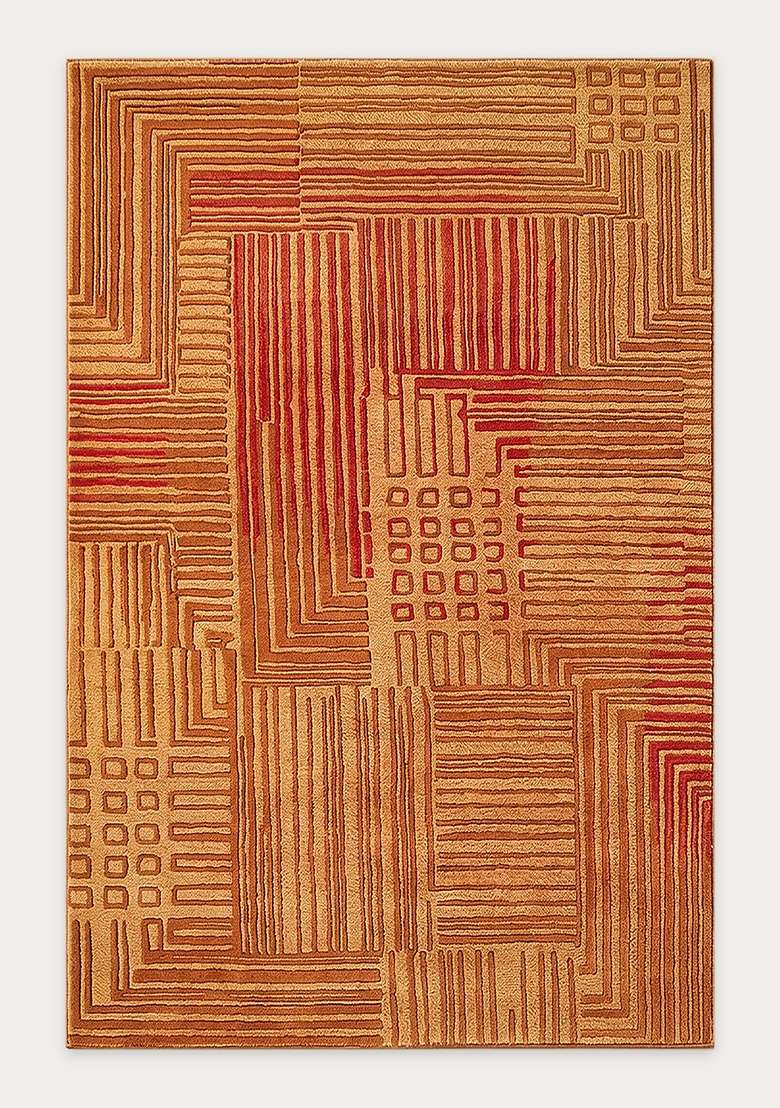 100% Wool Handmade Rust Orange Rug | Contemporary Geometric Carpet With Cotton Backing For Living Room - Indya