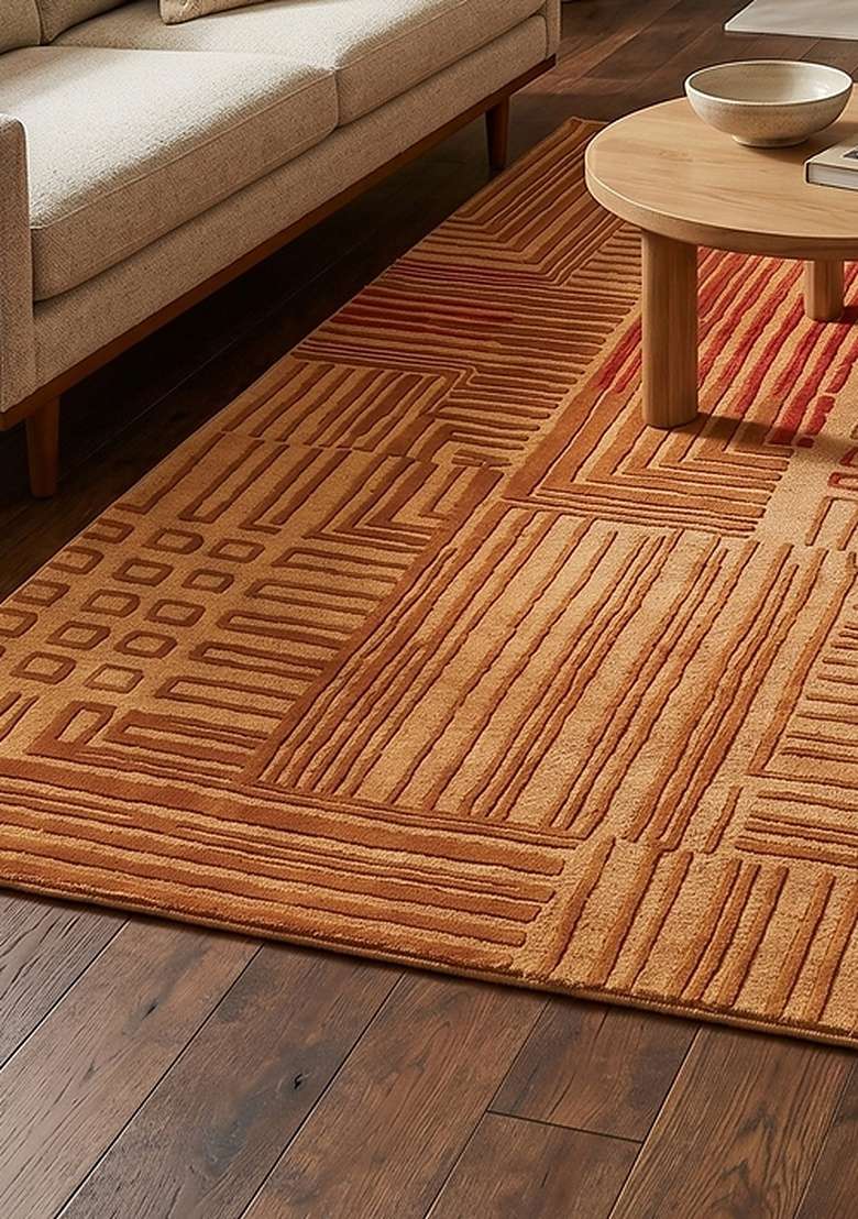 100% Wool Handmade Rust Orange Rug | Contemporary Geometric Carpet With Cotton Backing For Living Room - Indya