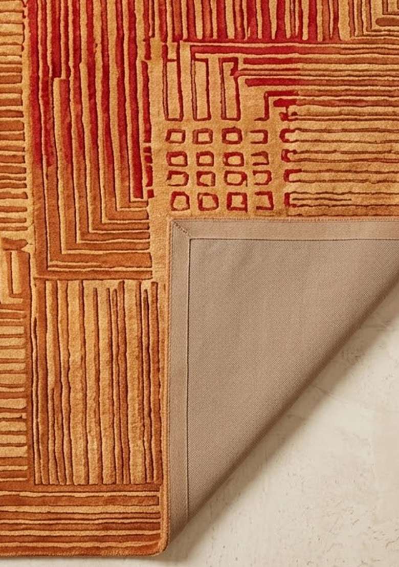 100% Wool Handmade Rust Orange Rug | Contemporary Geometric Carpet With Cotton Backing For Living Room - Indya