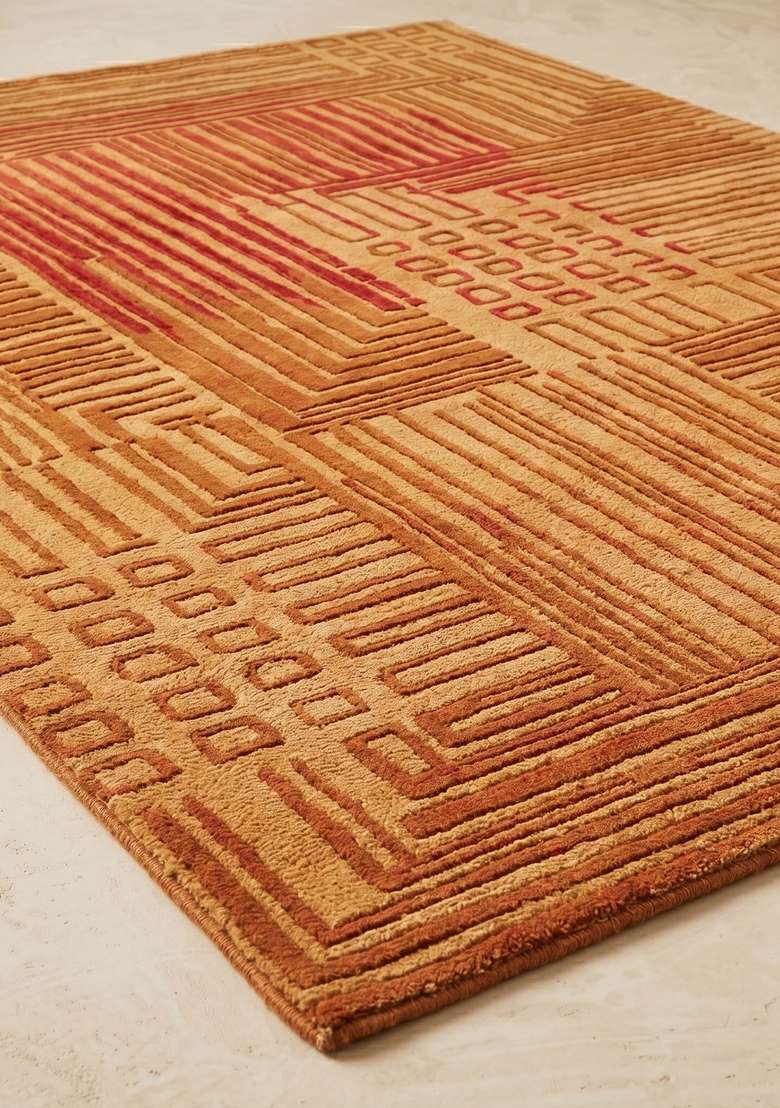 100% Wool Handmade Rust Orange Rug | Contemporary Geometric Carpet With Cotton Backing For Living Room - Indya