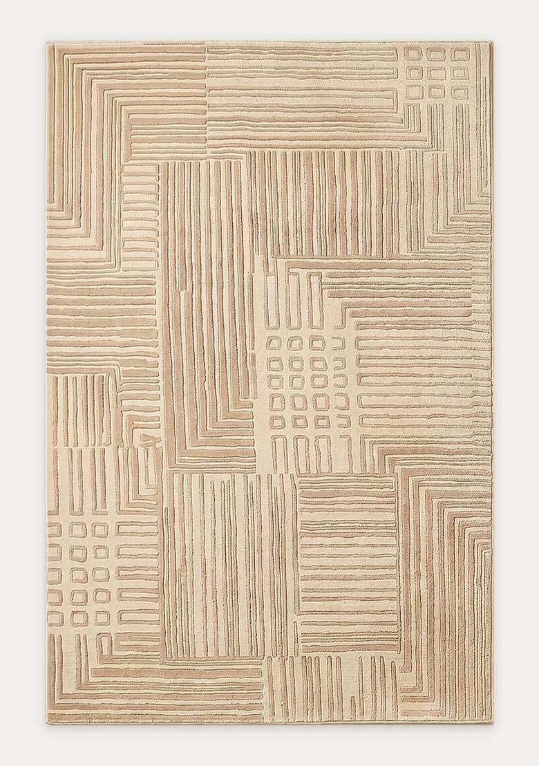 100% Wool Handmade Beige Rug | Contemporary Geometric Carpet With Cotton Backing For Living Room - Indya