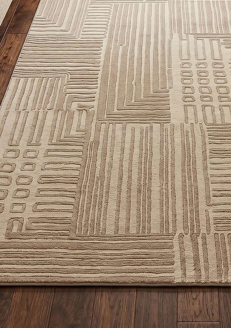 100% Wool Handmade Beige Rug | Contemporary Geometric Carpet With Cotton Backing For Living Room - Indya