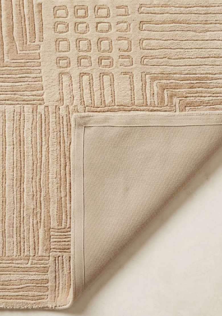 100% Wool Handmade Beige Rug | Contemporary Geometric Carpet With Cotton Backing For Living Room - Indya