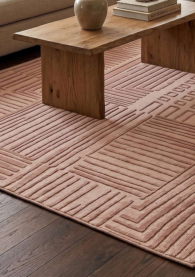 100% Wool Handmade Dusty Rose Rug | Contemporary Geometric Carpet With Cotton Backing For Living Room - Indya