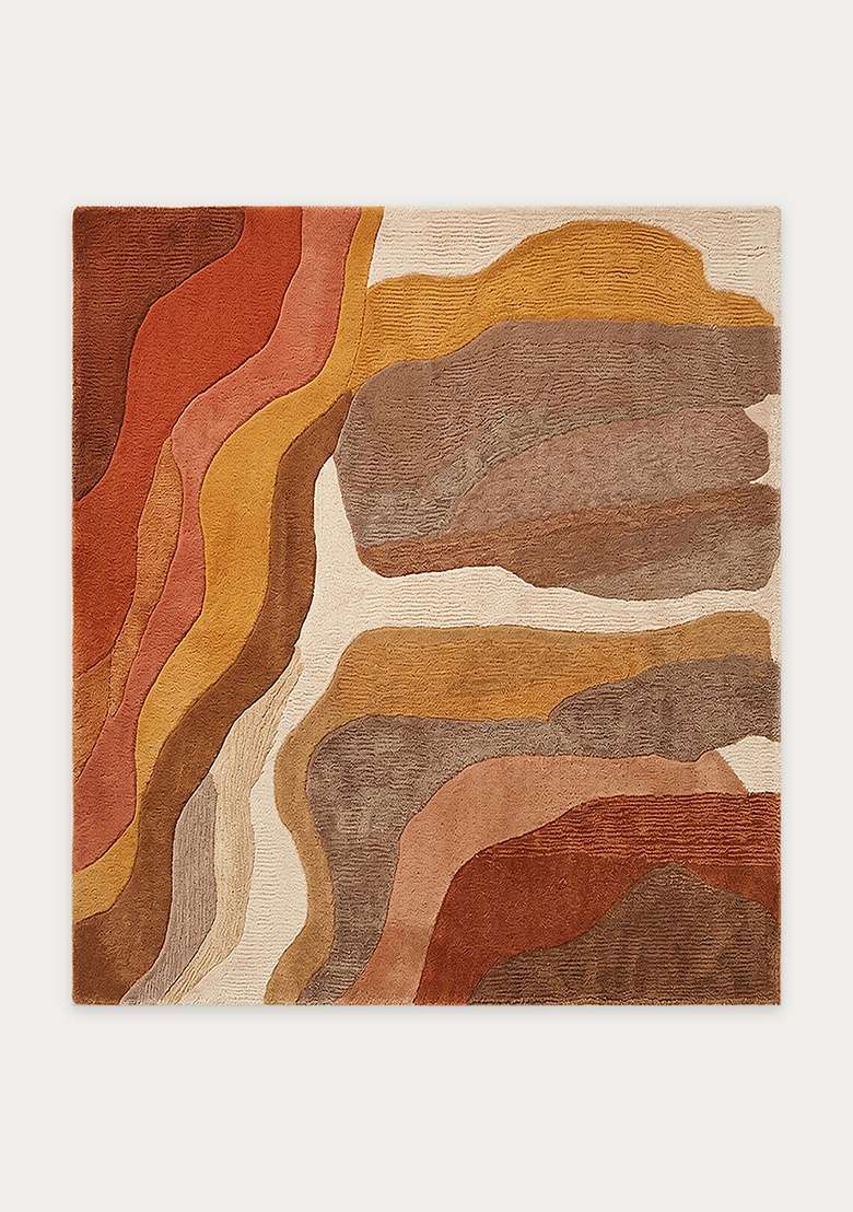 100% Wool Handmade Burnt Sienna Rug | Eclectic Swirls Square Carpet With Cotton Backing For Living Room - Indya