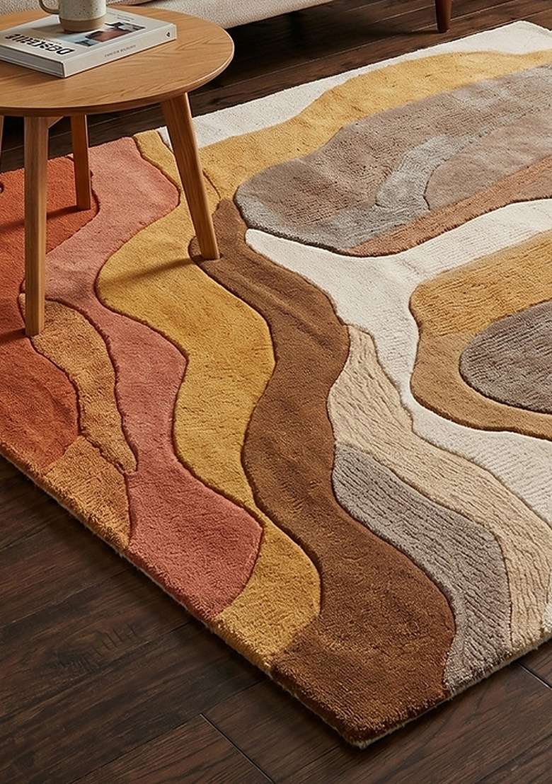 100% Wool Handmade Burnt Sienna Rug | Eclectic Swirls Square Carpet With Cotton Backing For Living Room - Indya
