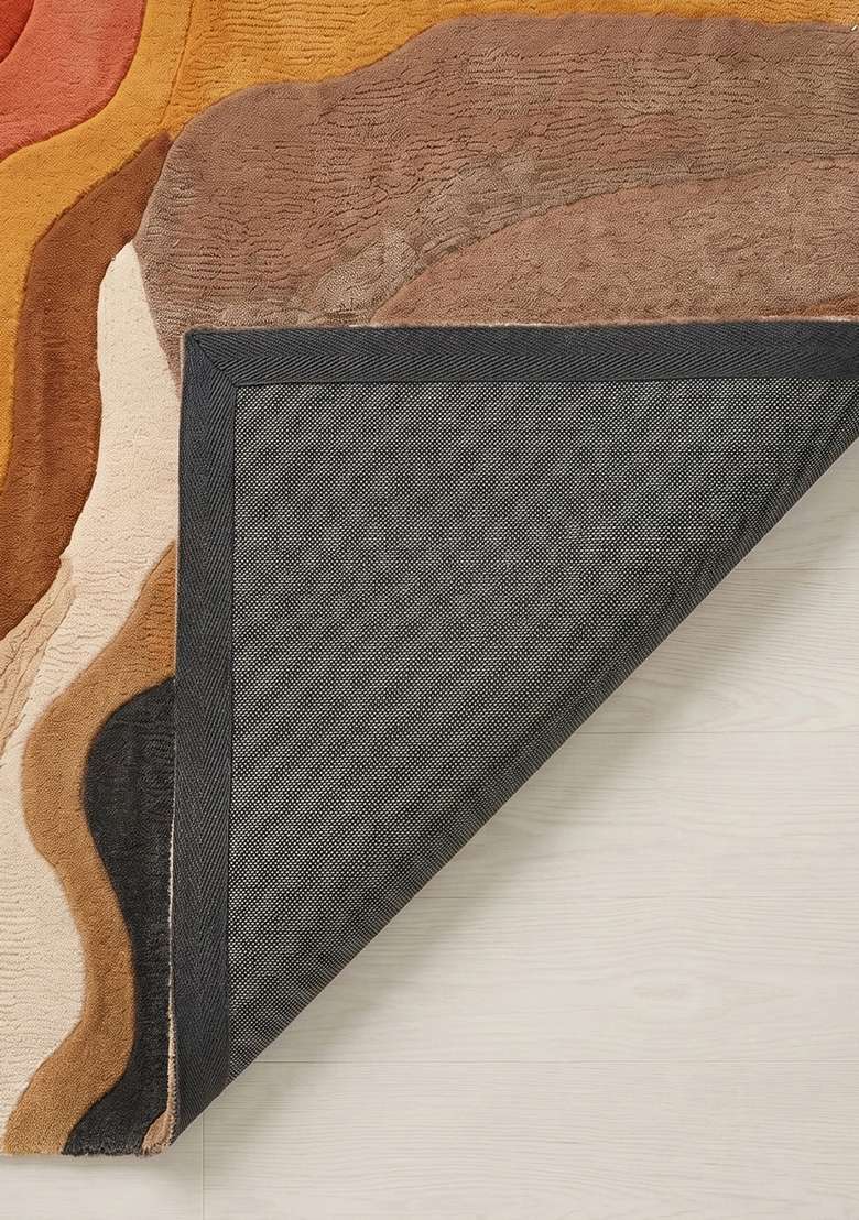 100% Wool Handmade Burnt Sienna Rug | Eclectic Swirls Square Carpet With Cotton Backing For Living Room - Indya