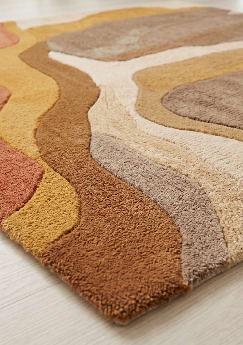 100% Wool Handmade Burnt Sienna Rug | Eclectic Swirls Square Carpet With Cotton Backing For Living Room - Indya