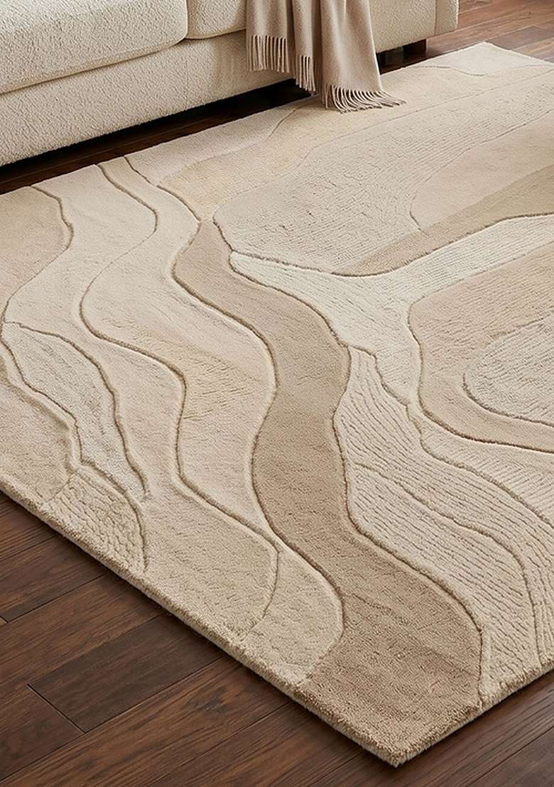 100% Wool Handmade Ivory Rug | Eclectic Swirls Square Carpet With Cotton Backing For Living Room - Indya