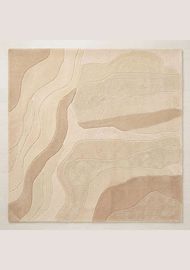 100% Wool Handmade Ivory Rug | Eclectic Swirls Square Carpet With Cotton Backing For Living Room - Indya