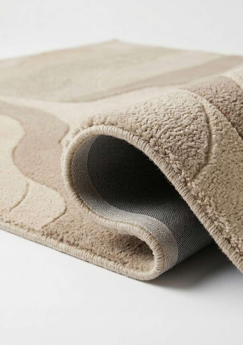100% Wool Handmade Ivory Rug | Eclectic Swirls Square Carpet With Cotton Backing For Living Room - Indya
