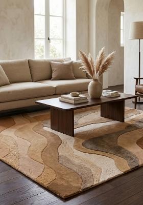 Saffron Rugs Hand-Tufted 100% Wool Area Rug | Camel Tan Square Rug | Cotton Backing | Eclectic Swirls Home Decor Carpet for Living Room Bedroom