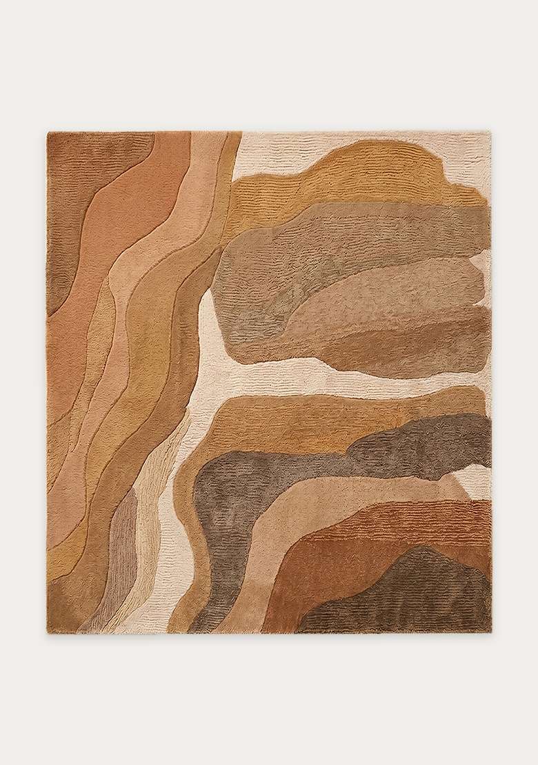 100% Wool Handmade Camel Tan Rug | Eclectic Swirls Square Carpet With Cotton Backing For Living Room - Indya