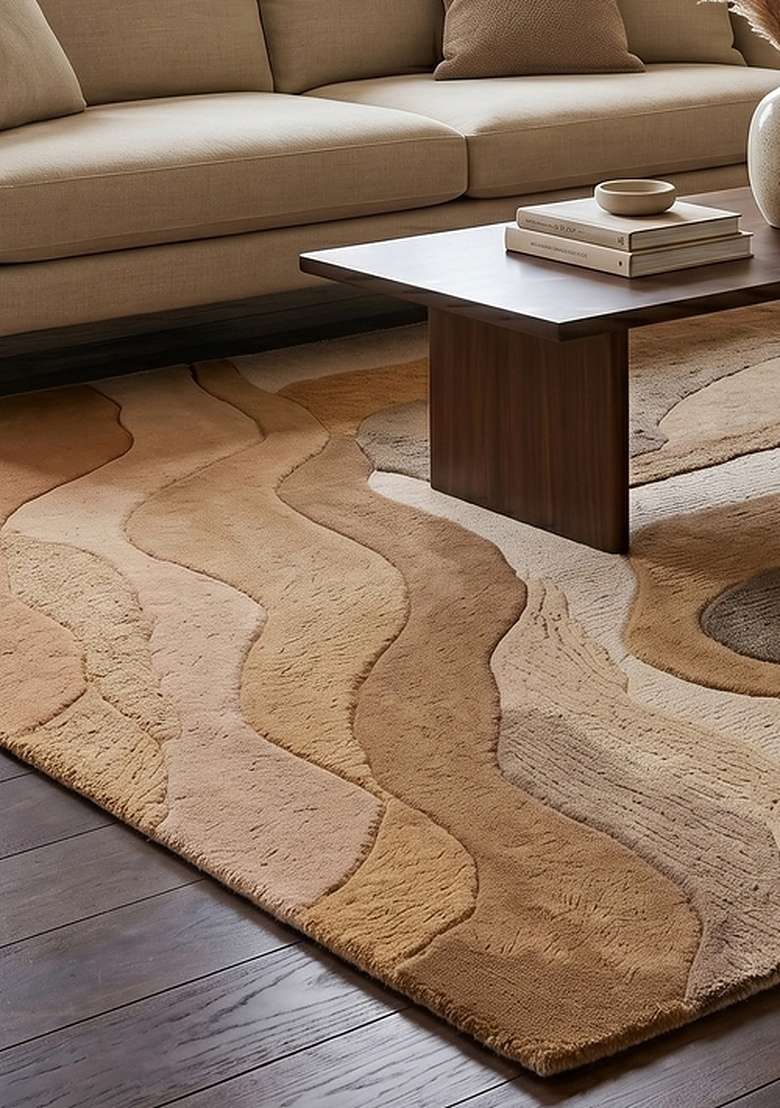 100% Wool Handmade Camel Tan Rug | Eclectic Swirls Square Carpet With Cotton Backing For Living Room - Indya