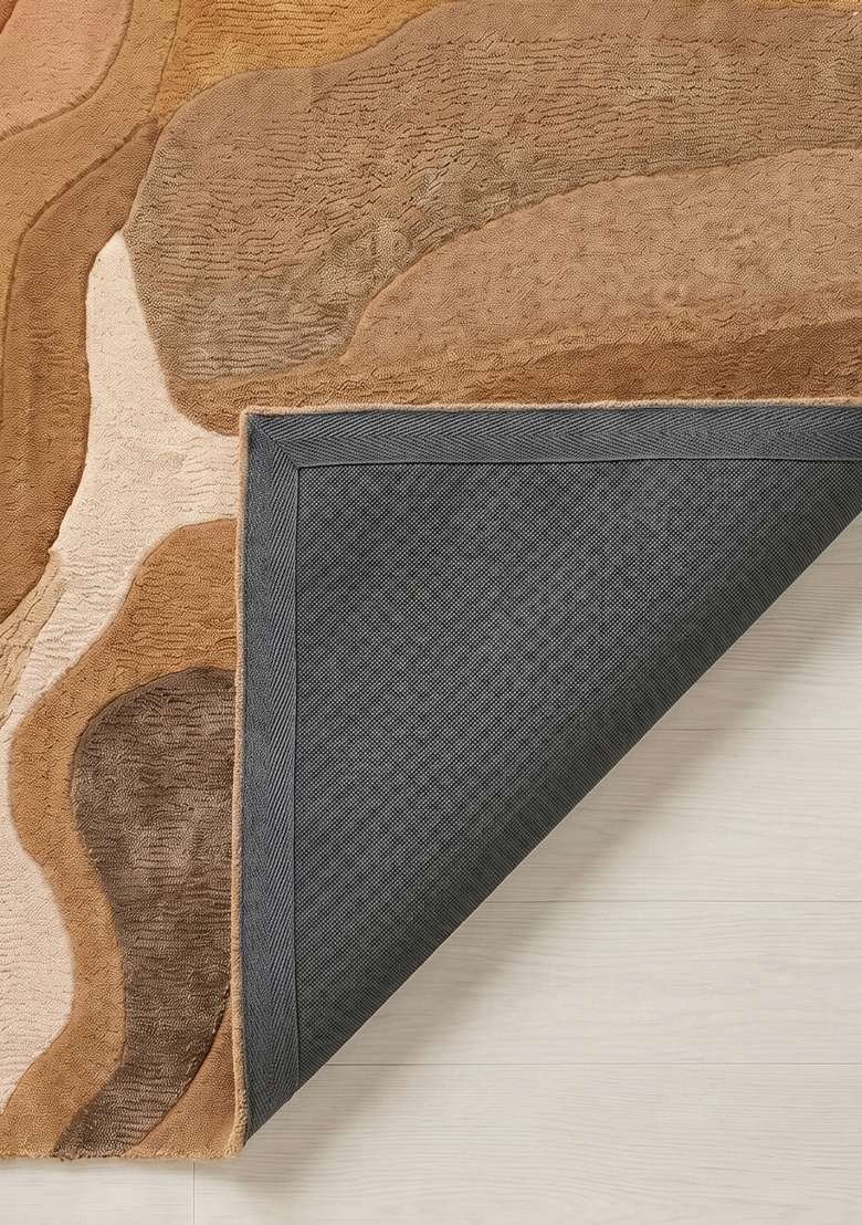 100% Wool Handmade Camel Tan Rug | Eclectic Swirls Square Carpet With Cotton Backing For Living Room - Indya