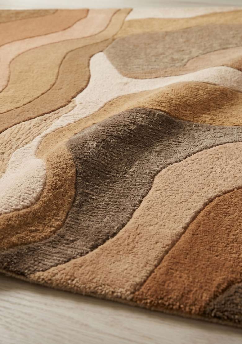 100% Wool Handmade Camel Tan Rug | Eclectic Swirls Square Carpet With Cotton Backing For Living Room - Indya