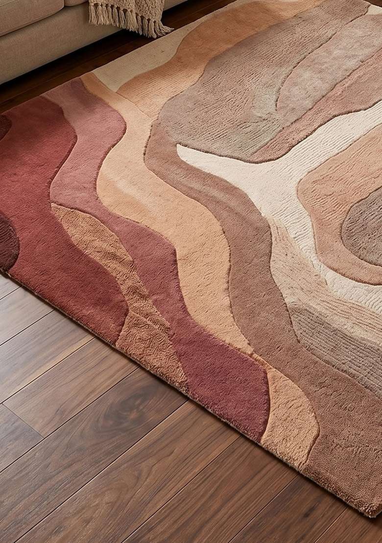 100% Wool Handmade Dusty Rose Rug | Eclectic Swirls Square Carpet With Cotton Backing For Living Room - Indya