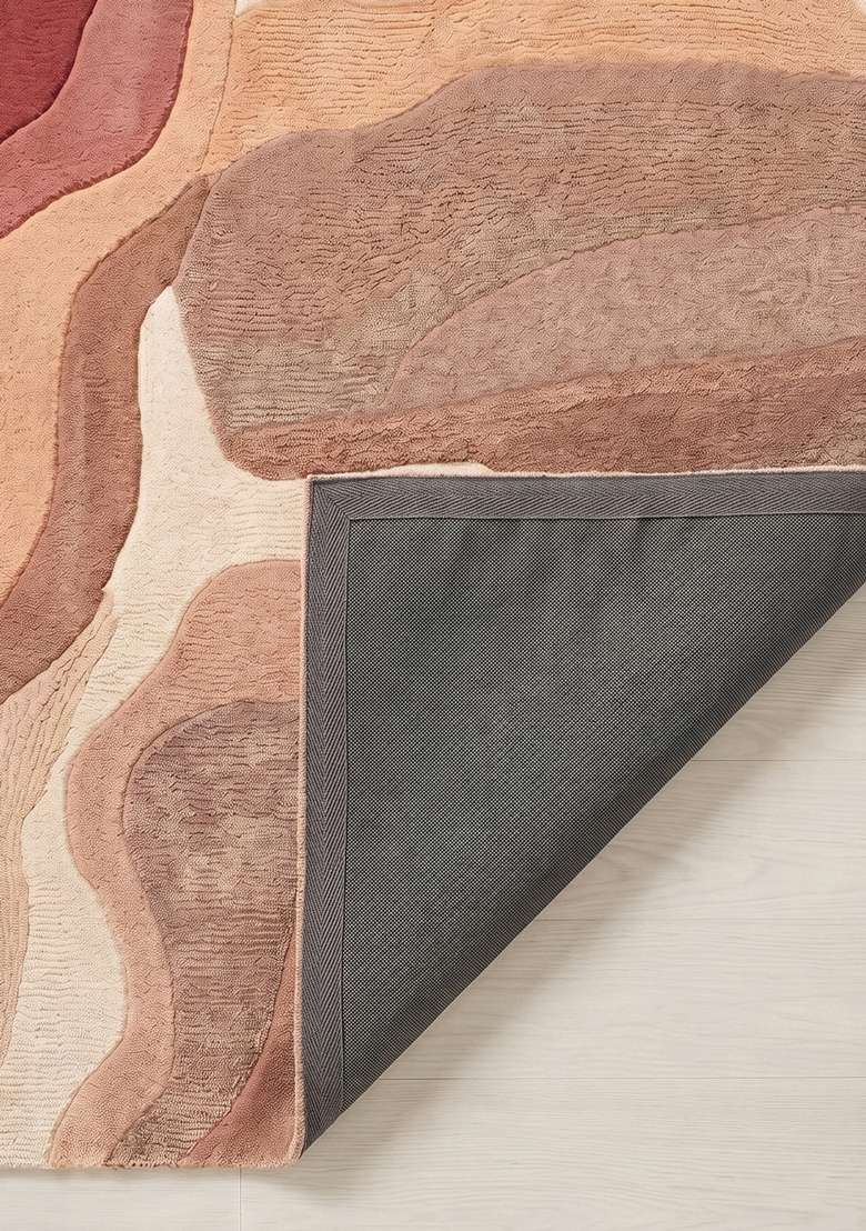 100% Wool Handmade Dusty Rose Rug | Eclectic Swirls Square Carpet With Cotton Backing For Living Room - Indya