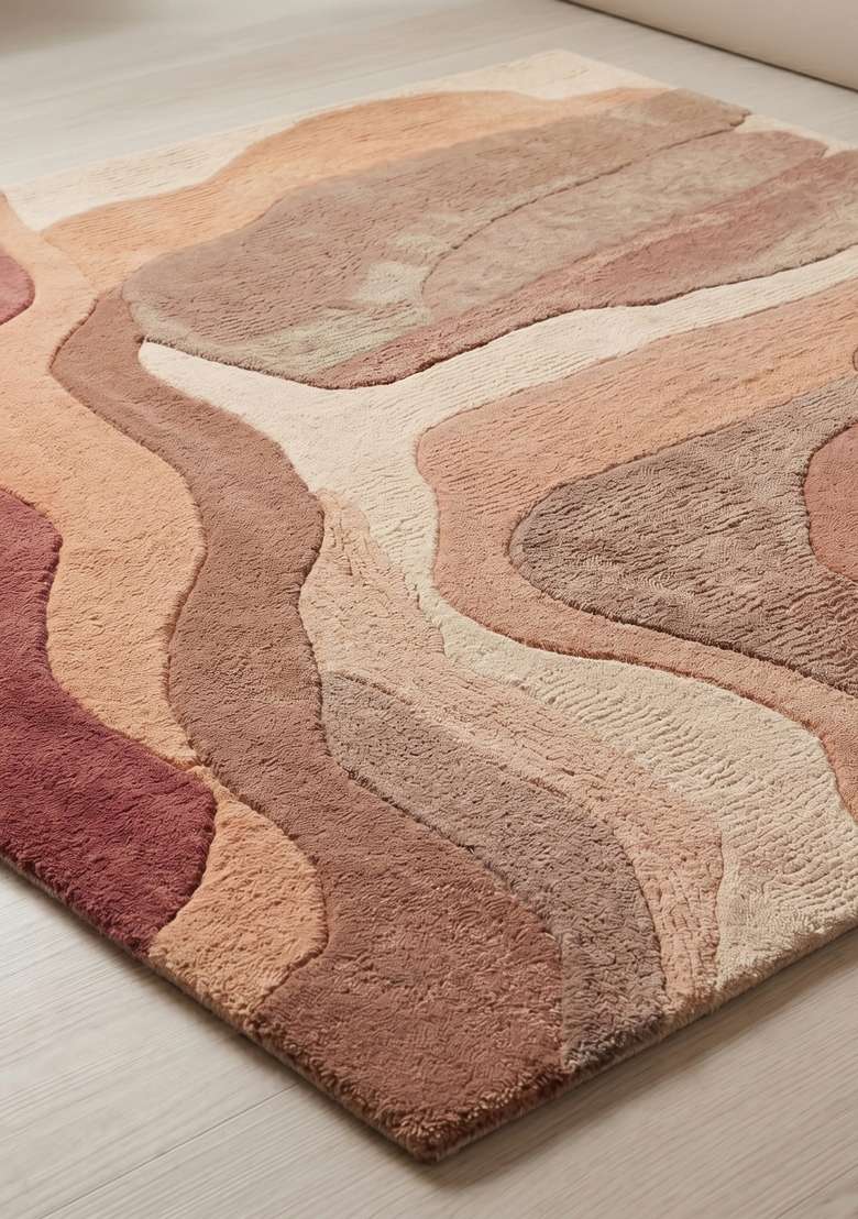 100% Wool Handmade Dusty Rose Rug | Eclectic Swirls Square Carpet With Cotton Backing For Living Room - Indya