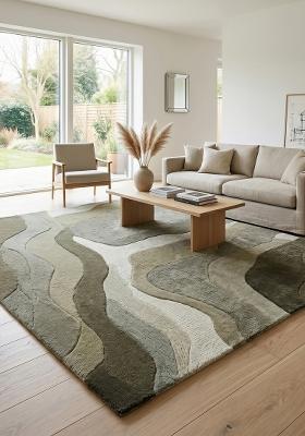 Saffron Rugs Hand-Tufted 100% Wool Area Rug | Sage Green Square Rug | Cotton Backing | Eclectic Swirls Home Decor Carpet for Living Room Bedroom