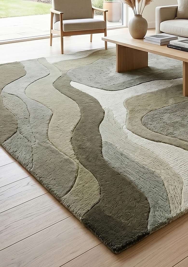 100% Wool Handmade Green Rug | Swirls Square Carpet With Cotton Backing For Living Room | Bedroom - Indya