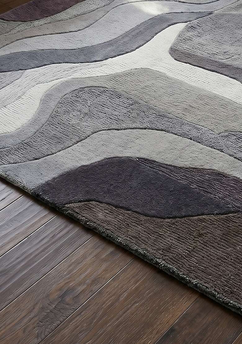 100% Wool Handmade Slate Blue Rug | Eclectic Swirls Square Carpet With Cotton Backing For Living Room - Indya