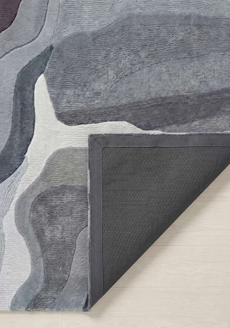100% Wool Handmade Slate Blue Rug | Eclectic Swirls Square Carpet With Cotton Backing For Living Room - Indya