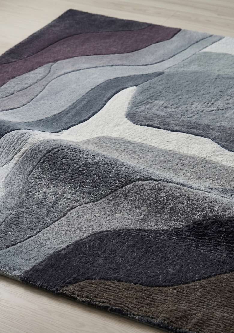 100% Wool Handmade Slate Blue Rug | Eclectic Swirls Square Carpet With Cotton Backing For Living Room - Indya