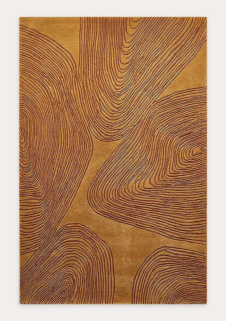 100% Wool Handmade Rust Orange Rug | Contemporary Swirls Carpet With Cotton Backing For Living Room - Indya