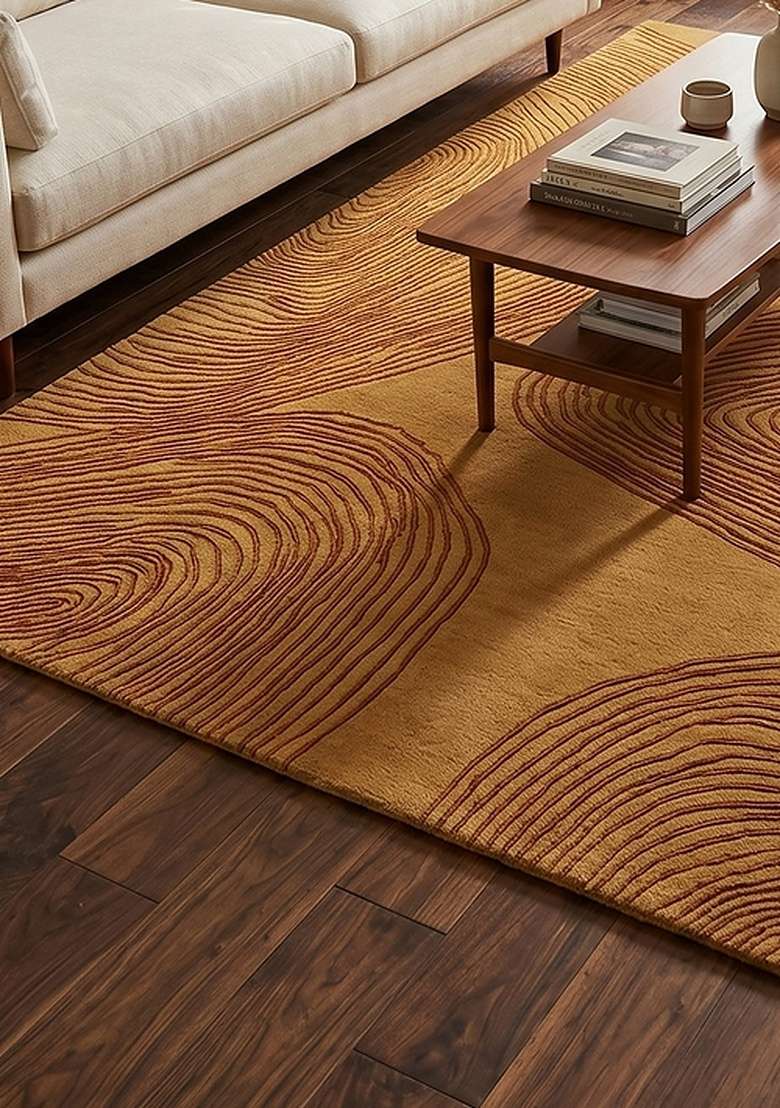 100% Wool Handmade Rust Orange Rug | Contemporary Swirls Carpet With Cotton Backing For Living Room - Indya