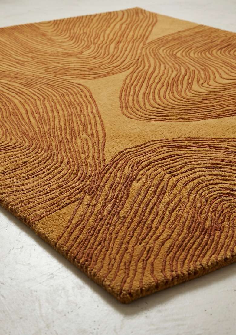 100% Wool Handmade Rust Orange Rug | Contemporary Swirls Carpet With Cotton Backing For Living Room - Indya