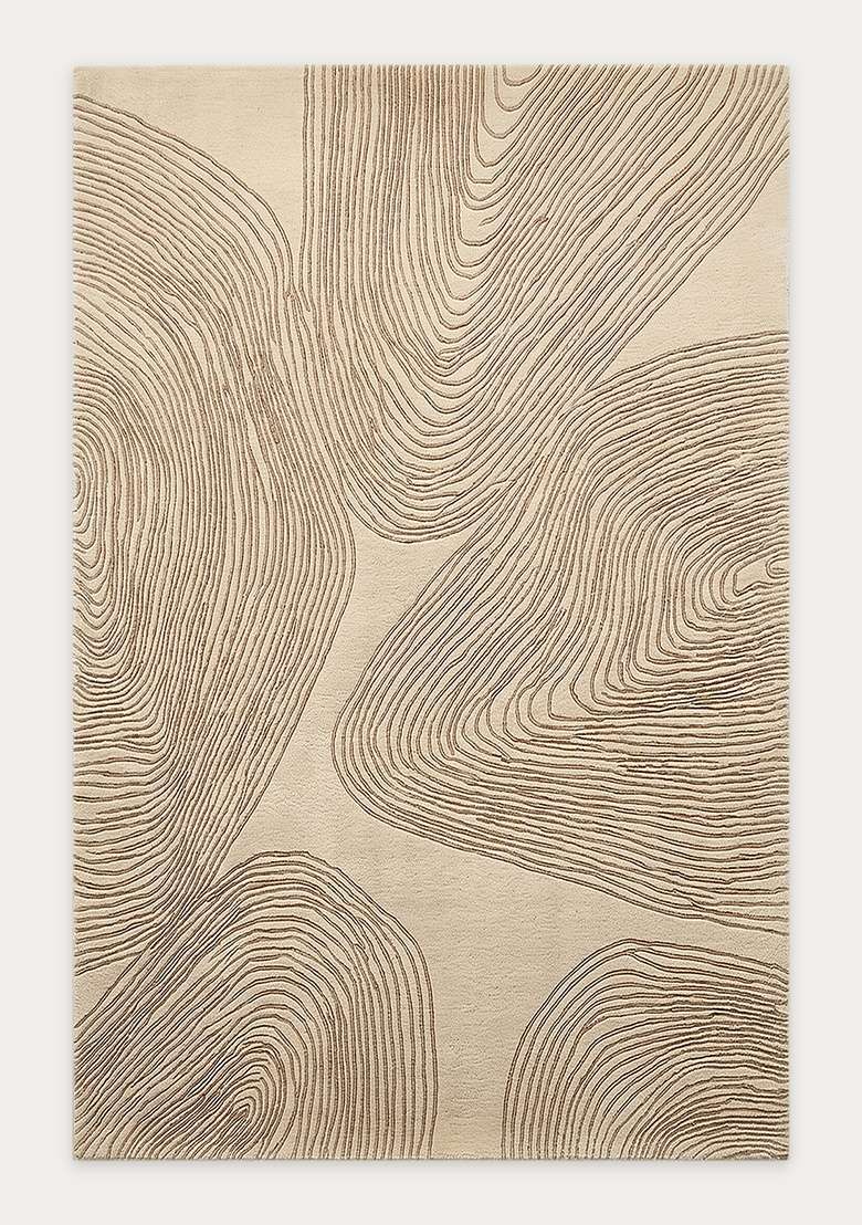 100% Wool Handmade Beige Rug | Contemporary Swirls Carpet With Cotton Backing For Living Room - Indya
