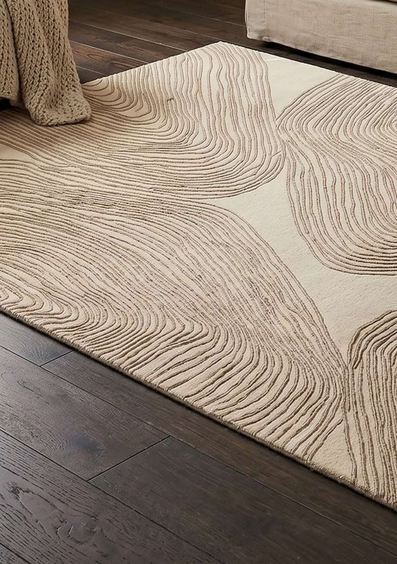 100% Wool Handmade Beige Rug | Contemporary Swirls Carpet With Cotton Backing For Living Room - Indya