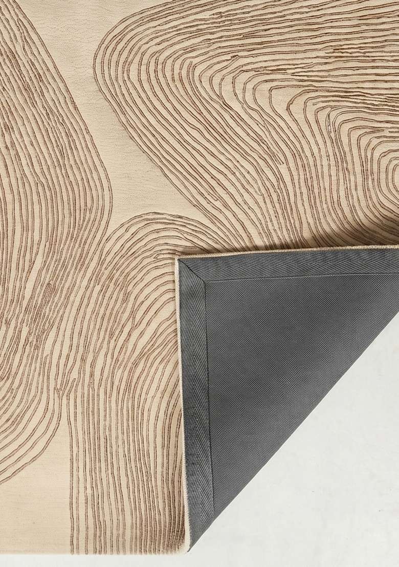 100% Wool Handmade Beige Rug | Contemporary Swirls Carpet With Cotton Backing For Living Room - Indya