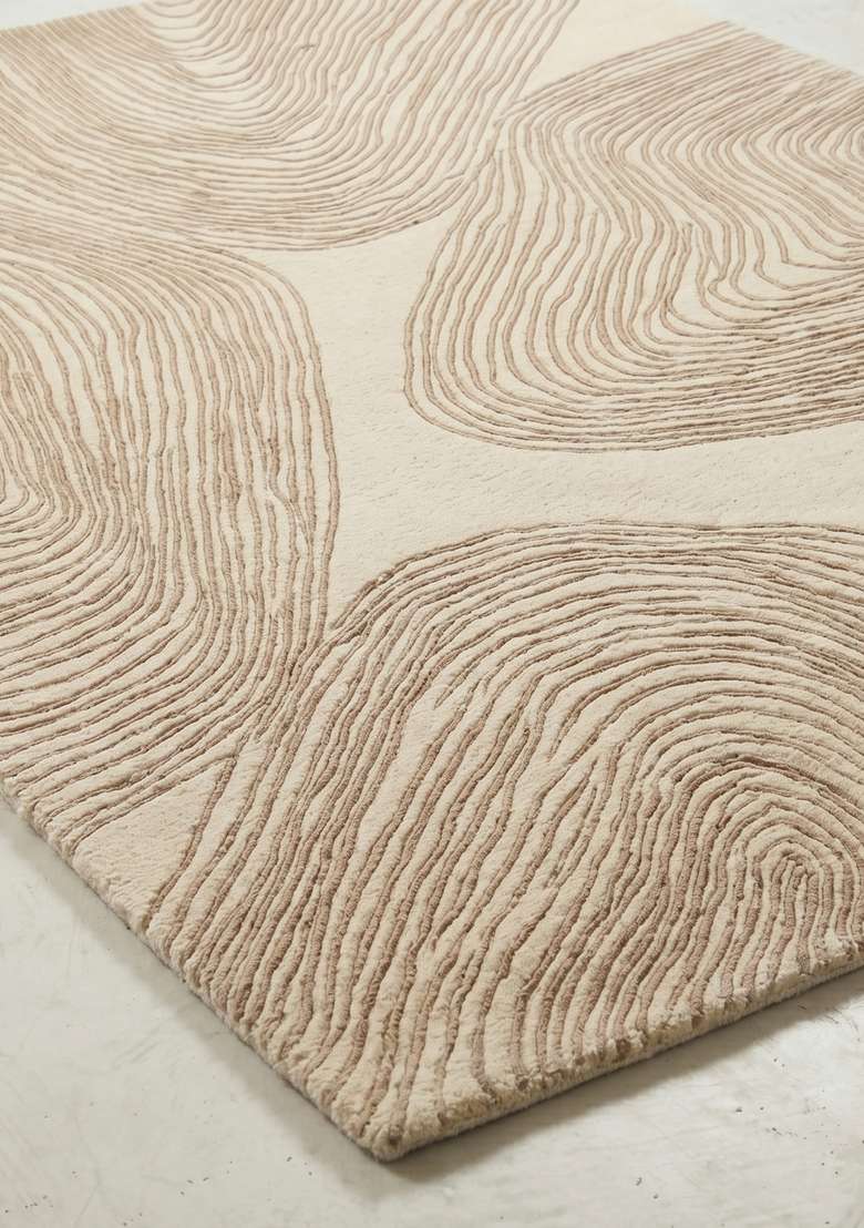 100% Wool Handmade Beige Rug | Contemporary Swirls Carpet With Cotton Backing For Living Room - Indya