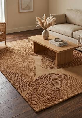 Saffron Rugs Hand-Tufted 100% Wool Area Rug | Camel Tan Rectangular Rug | Cotton Backing | Contemporary Swirls Home Decor Carpet for Living Room Bedroom