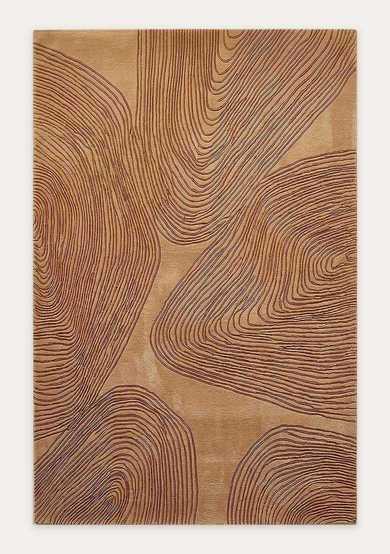 100% Wool Handmade Camel Tan Rug | Contemporary Swirls Carpet With Cotton Backing For Living Room - Indya