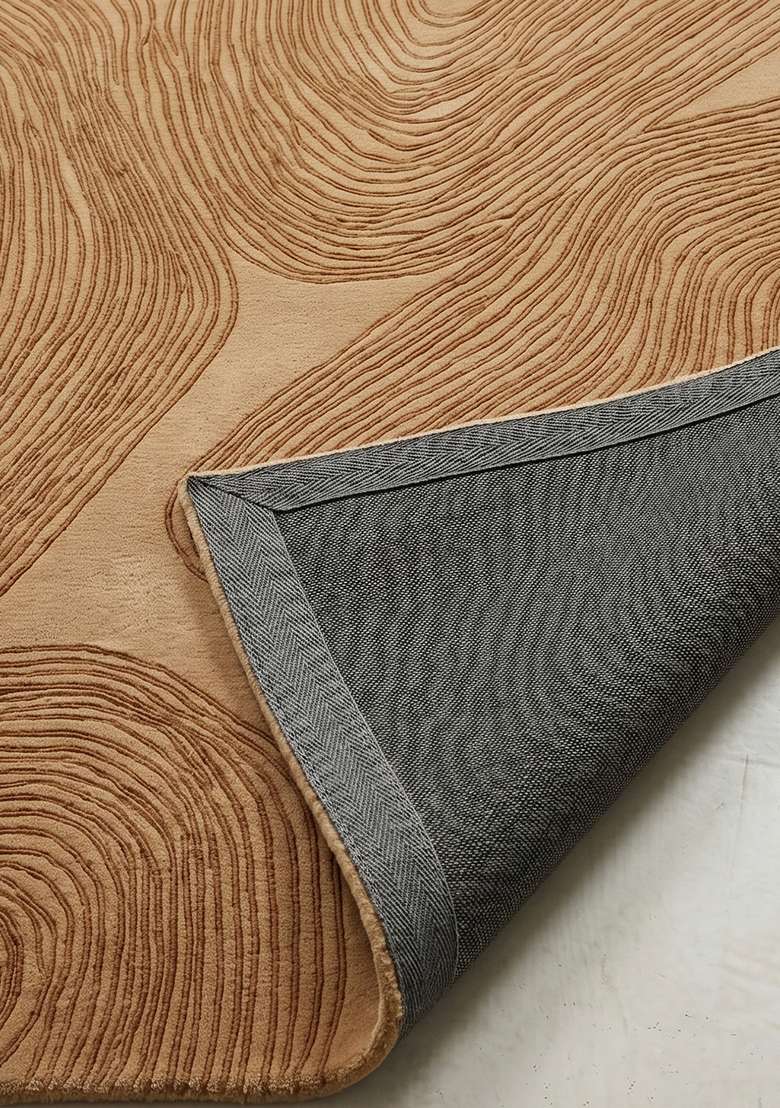 100% Wool Handmade Camel Tan Rug | Contemporary Swirls Carpet With Cotton Backing For Living Room - Indya
