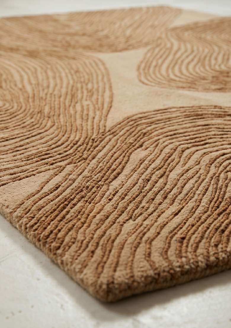 100% Wool Handmade Camel Tan Rug | Contemporary Swirls Carpet With Cotton Backing For Living Room - Indya
