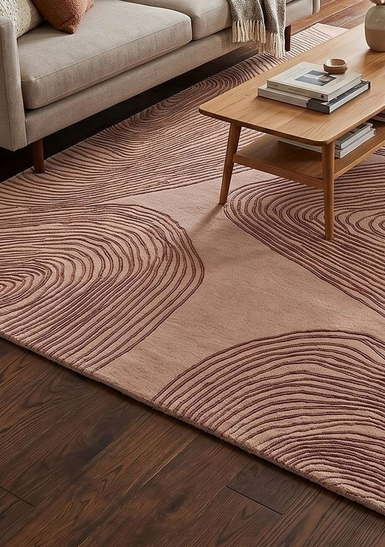 100% Wool Handmade Dusty Rose Rug | Contemporary Swirls Carpet With Cotton Backing For Living Room - Indya