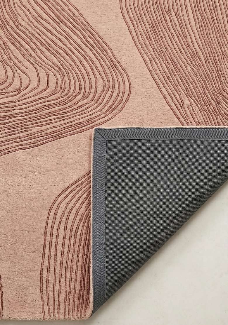 100% Wool Handmade Dusty Rose Rug | Contemporary Swirls Carpet With Cotton Backing For Living Room - Indya