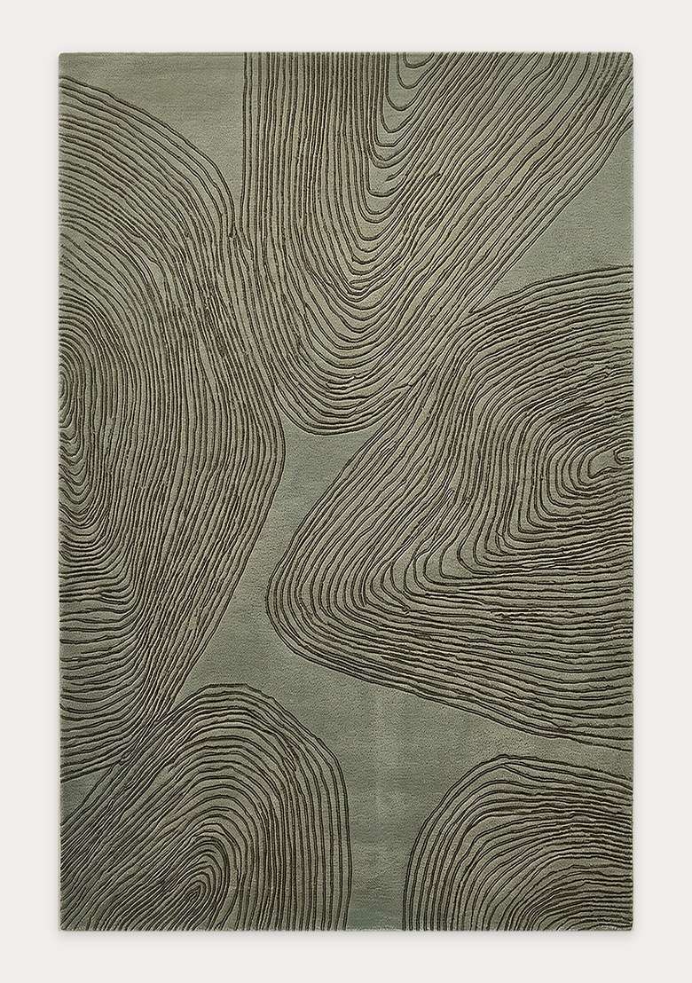 100% Wool Handmade Muted Sage Green Rug | Contemporary Swirls Carpet With Cotton Backing For Living Room - Indya