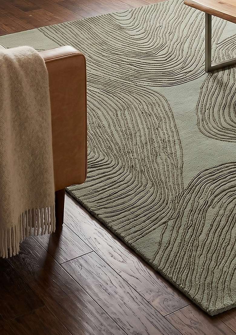 100% Wool Handmade Muted Sage Green Rug | Contemporary Swirls Carpet With Cotton Backing For Living Room - Indya